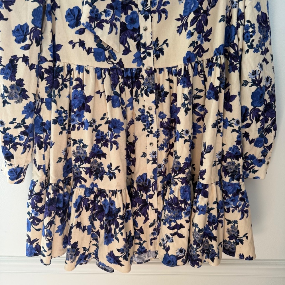 Sezane women's Floral Soledad dress Tiered Mini Dress Blue Cream size 12 (44) - Picture 5 of 9